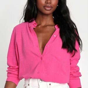 Lulus Fave 'fit Hot Pink Linen Long Sleeve Collared Button-up Top - Size S